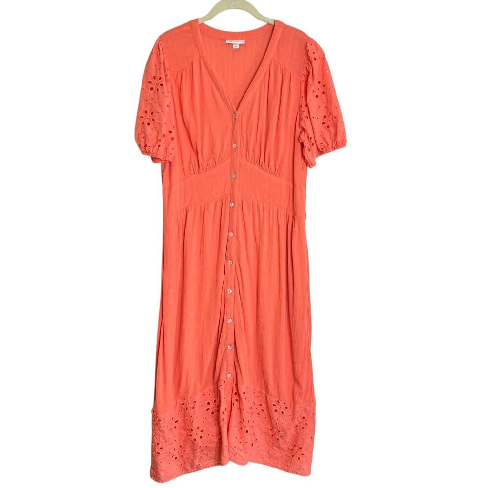 Knox Rose Eyelet Midi Dress Large Coral Button Front Puff Sleeve